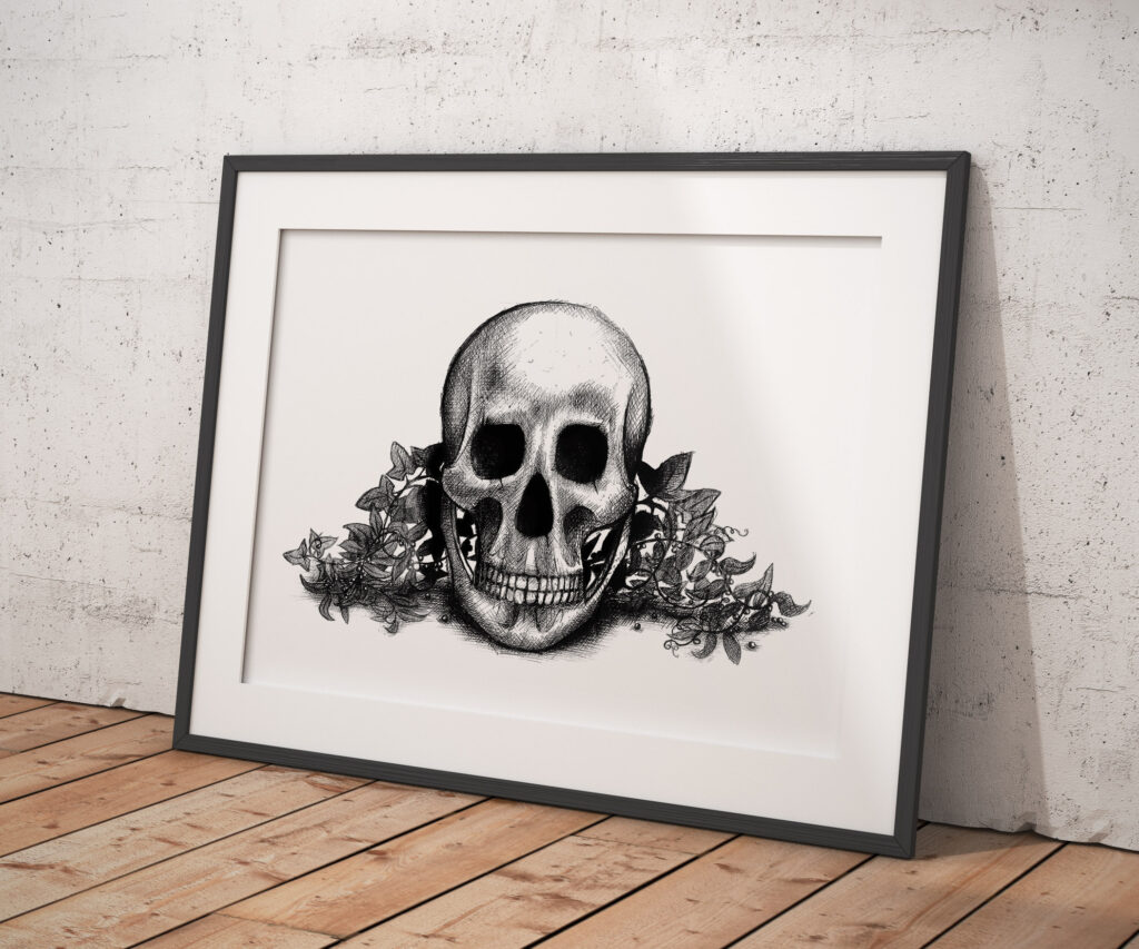 Cadre avec illustration d'un crâne