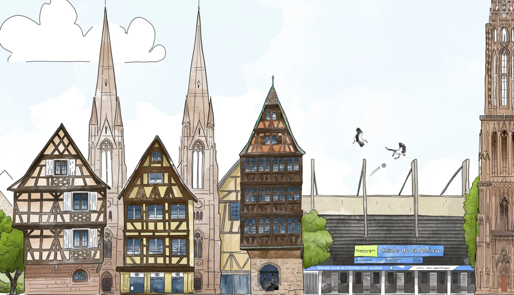 Illustration de Strasbourg réunissant la cathédrale Notre-Dame, la maison Kammerzell, la Petite France et le stade de la Meinau
