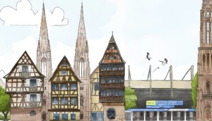 Illustration de Strasbourg réunissant la cathédrale Notre-Dame, la maison Kammerzell, la Petite France et le stade de la Meinau