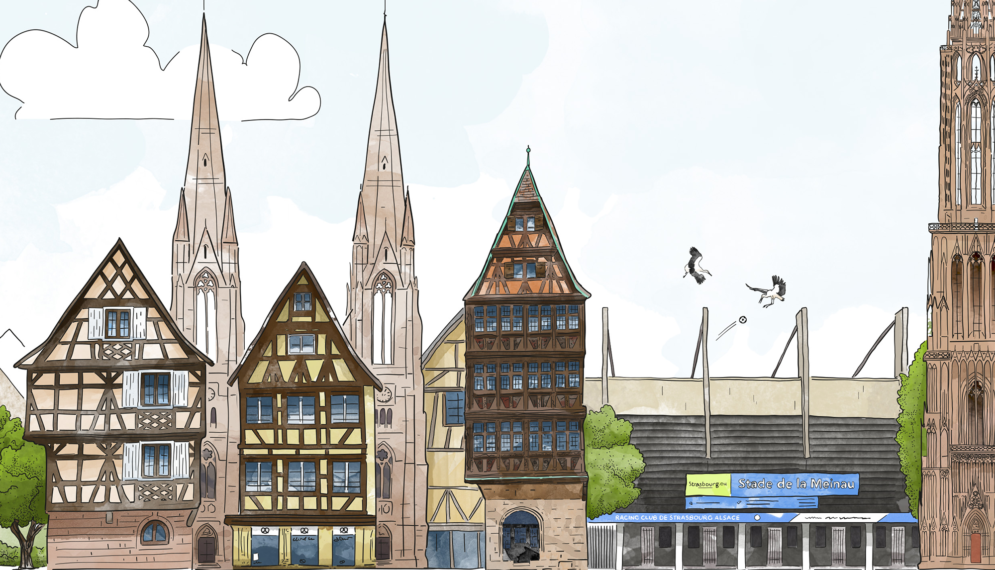 Illustration de Strasbourg réunissant la cathédrale Notre-Dame, la maison Kammerzell, la Petite France et le stade de la Meinau