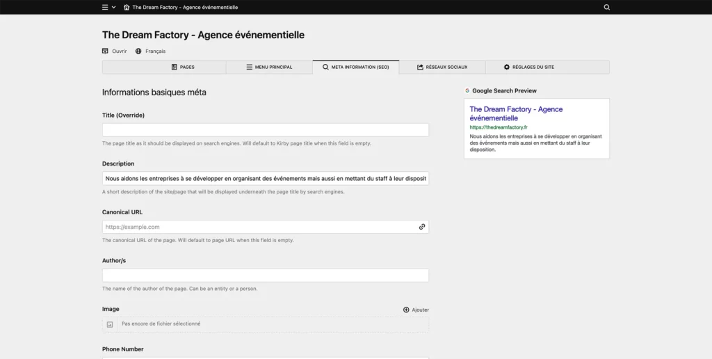 Aperçu des réglages SEO sous Kirby CMS
