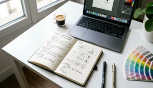 Un brief graphique annoté sur un bureau avant le lancement d'un projet